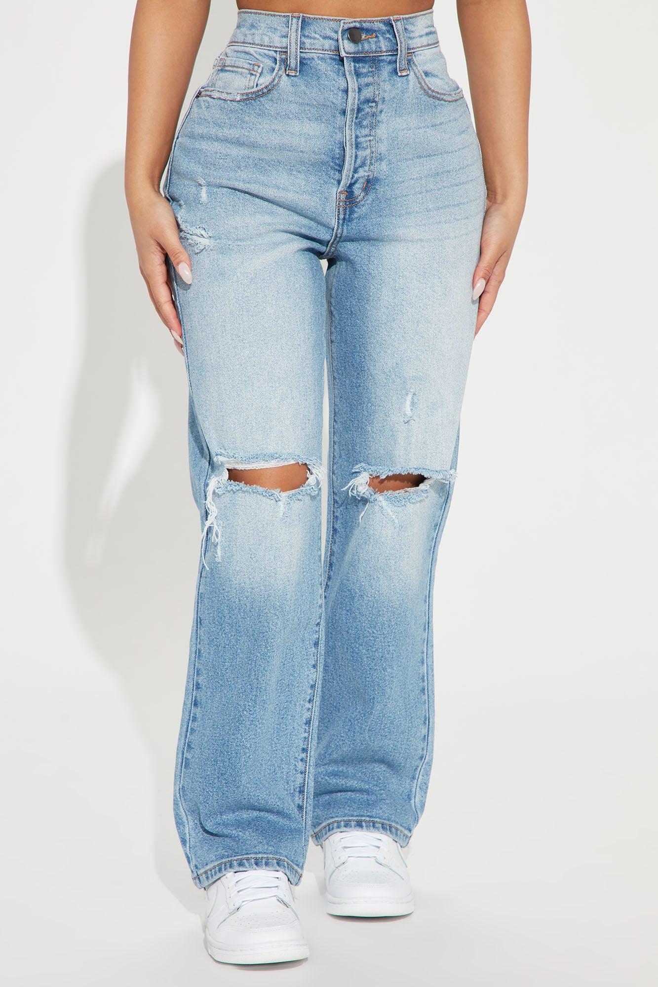 Petite As You Please Ripped Straight Leg Jeans - Light Blue Wash Product Image