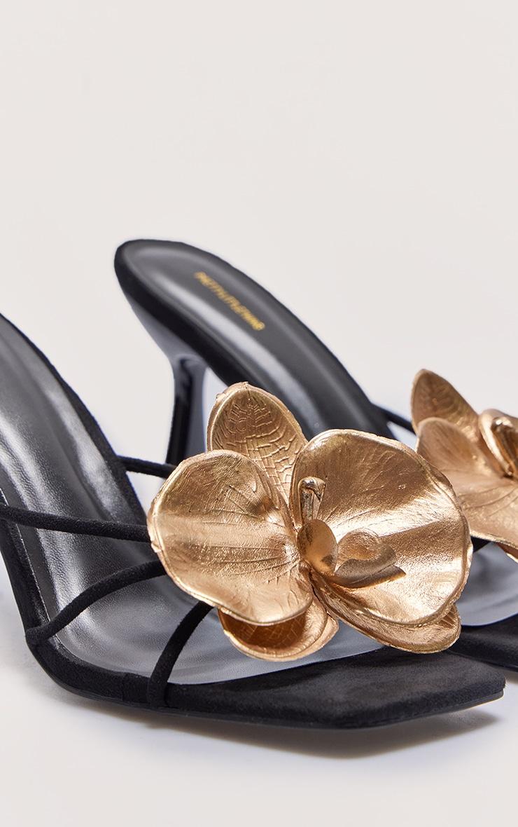 Black Faux Suede Square Toe Gold Flower Detailed Heeled Mules Product Image