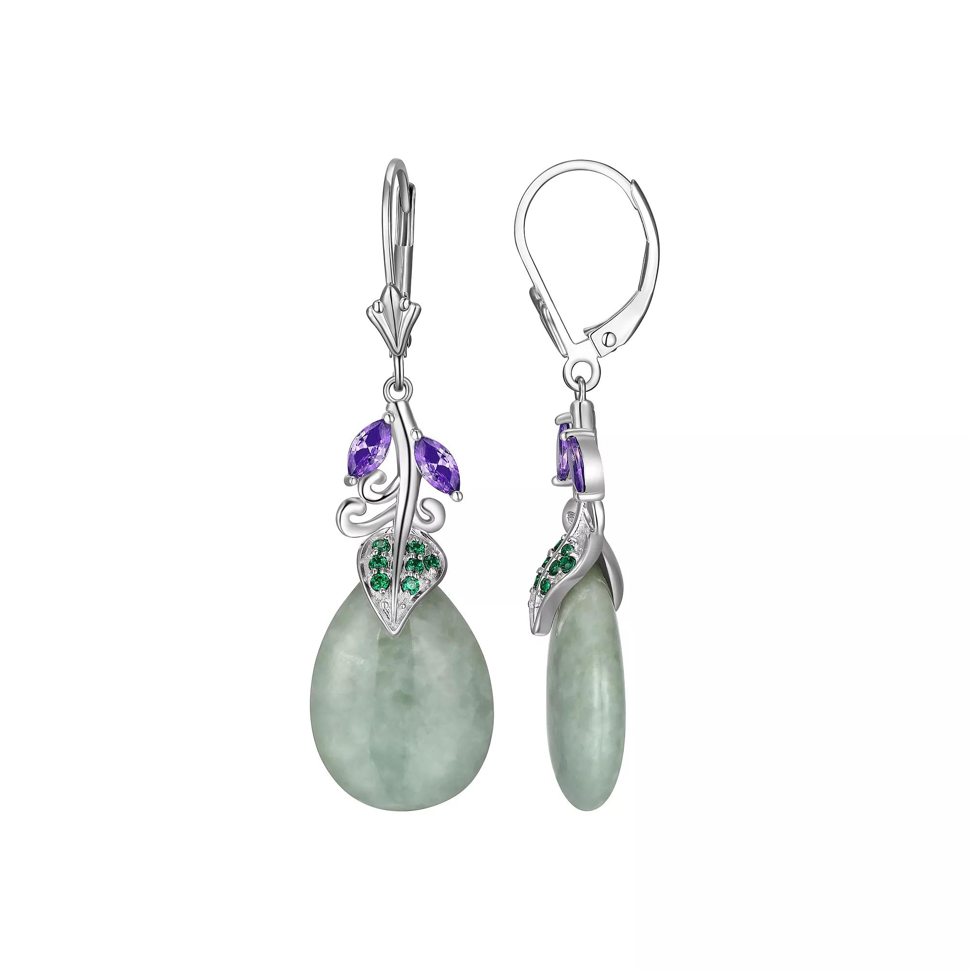 Dynasty Jade Rhodium-Plated Sterling Silver Jade & Cubic Zirconia Leverback Drop Earrings, Women's Product Image