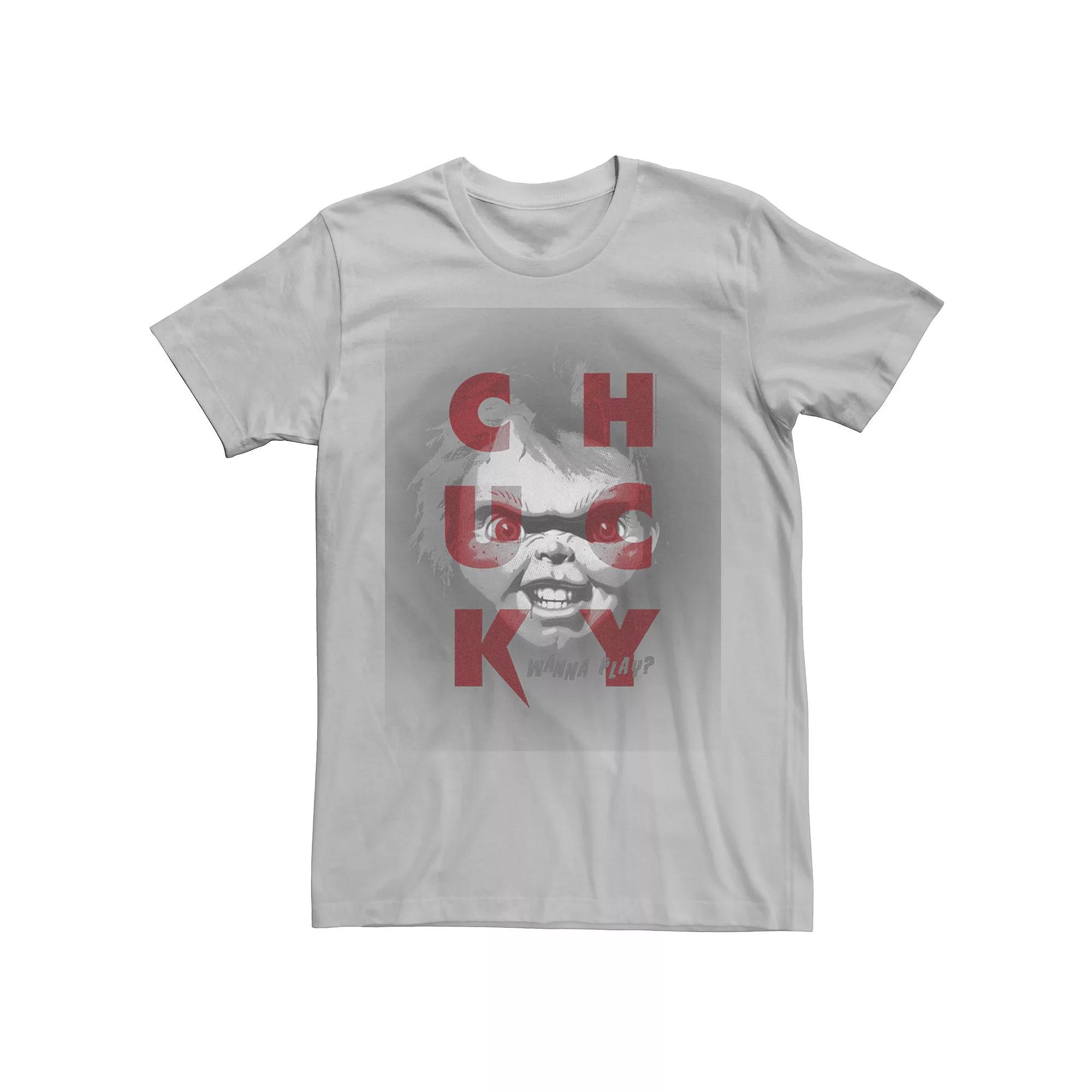 Men's Chucky Wanna Play? Grey Scale Portrait Letter Stack Tee,  Product Image