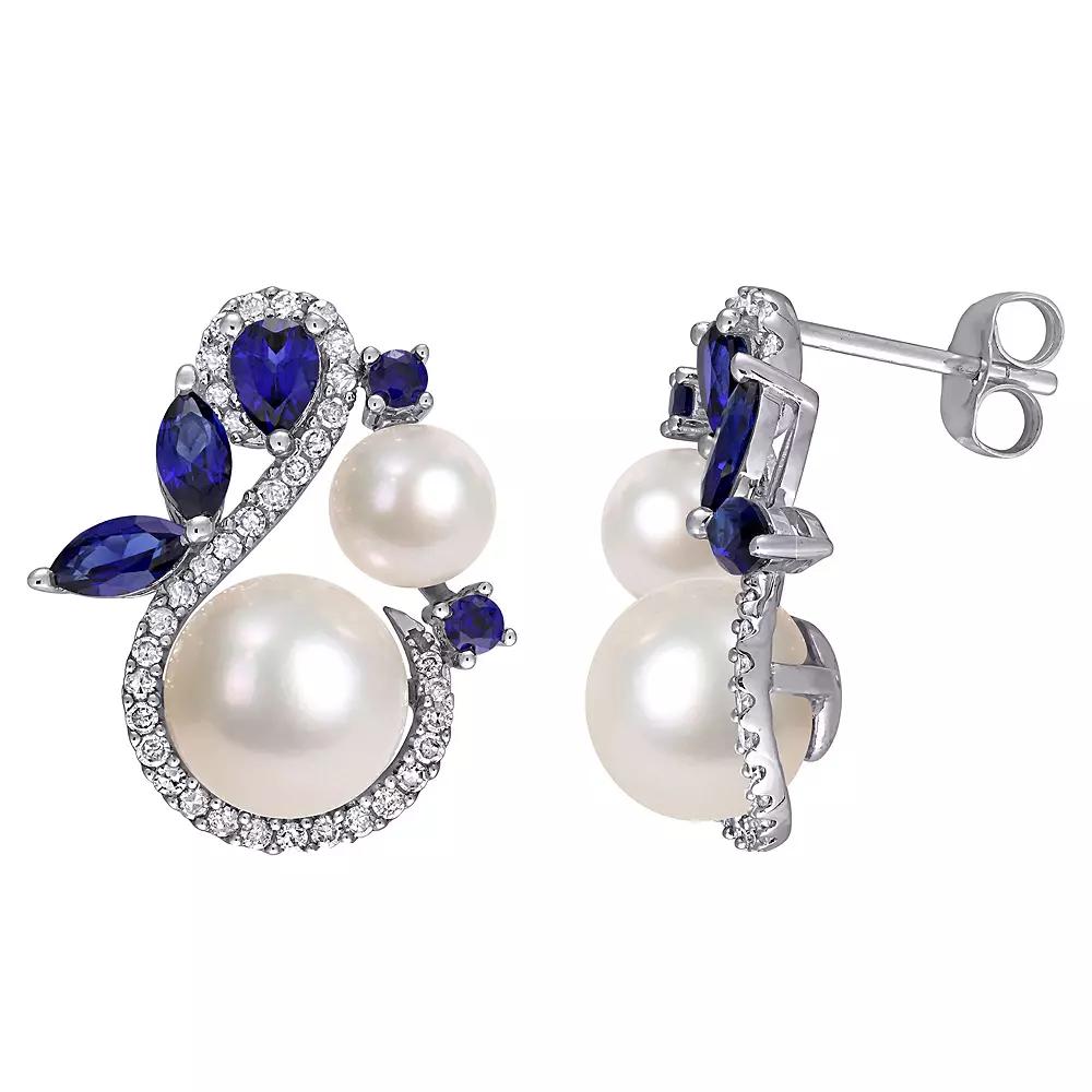 Stella Grace 10k White Gold Freshwater Cultured Pearl 1/3 Carat T.W. Diamond & Lab-Created Sapphire Earrings, Women's Product Image