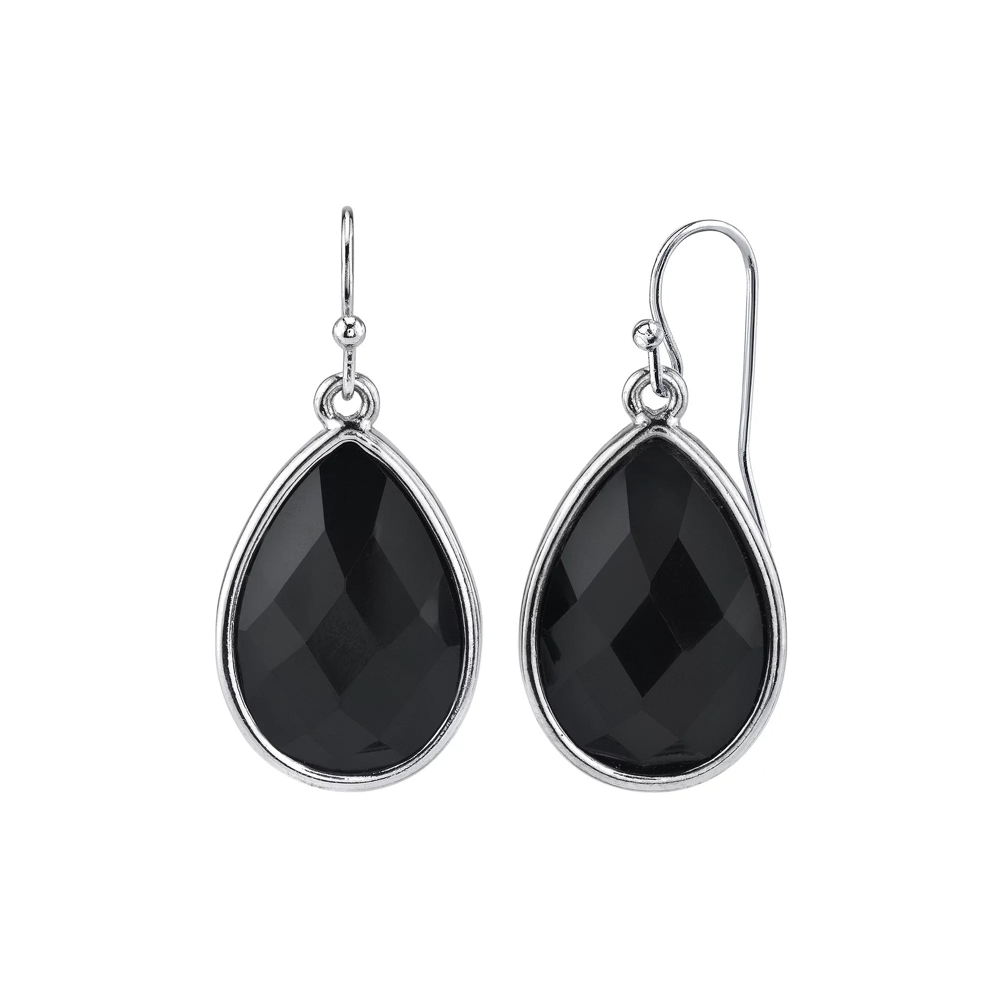 1928 Jewelry Silver Tone Black Faceted Pearshape Drop Earrings, Women's Product Image