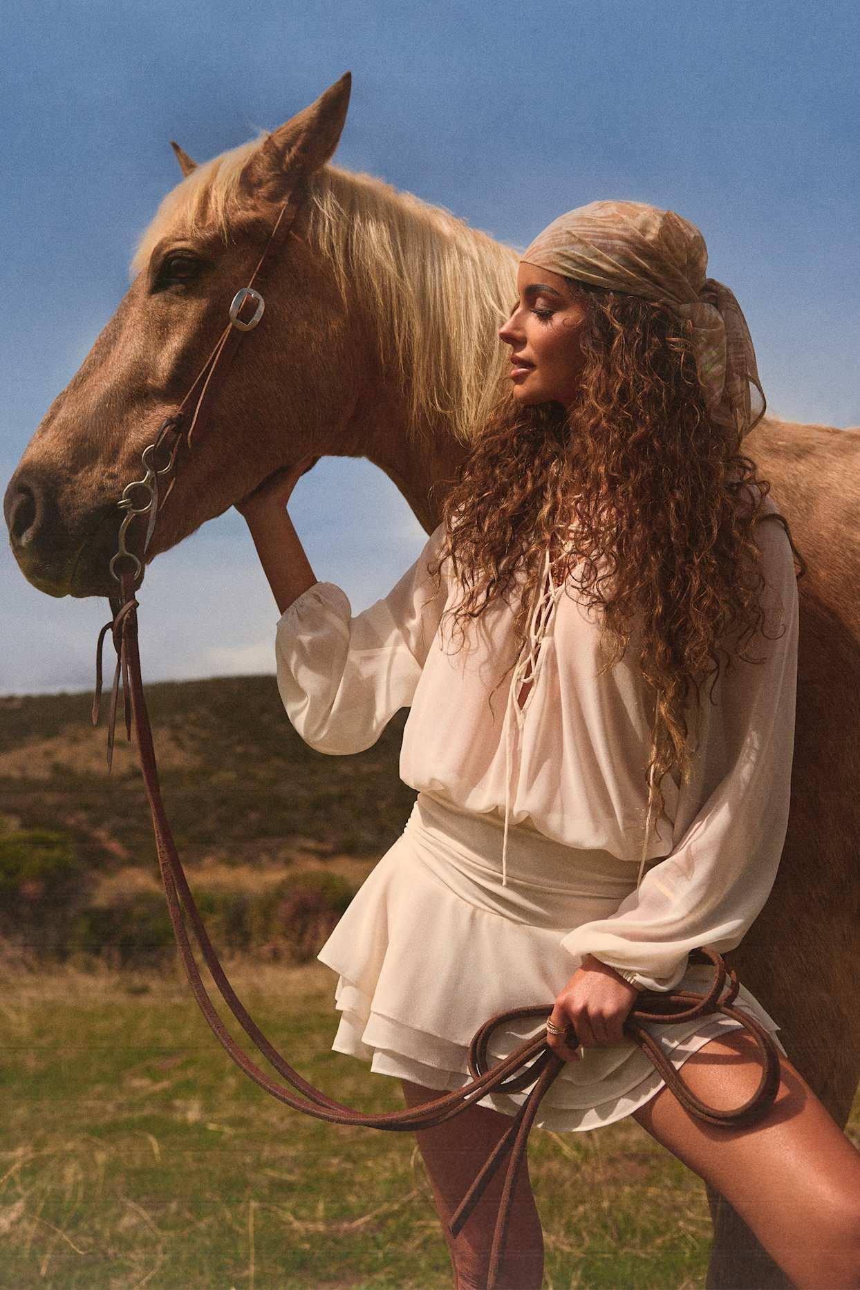 Lace-Up Balloon-Sleeve Mini Dress in Ivory Product Image