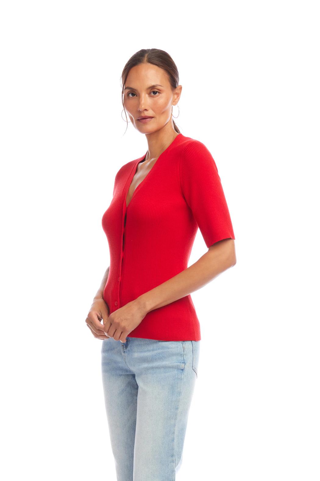 Short Sleeve Ribbed Cardigan Sweater - Red Product Image