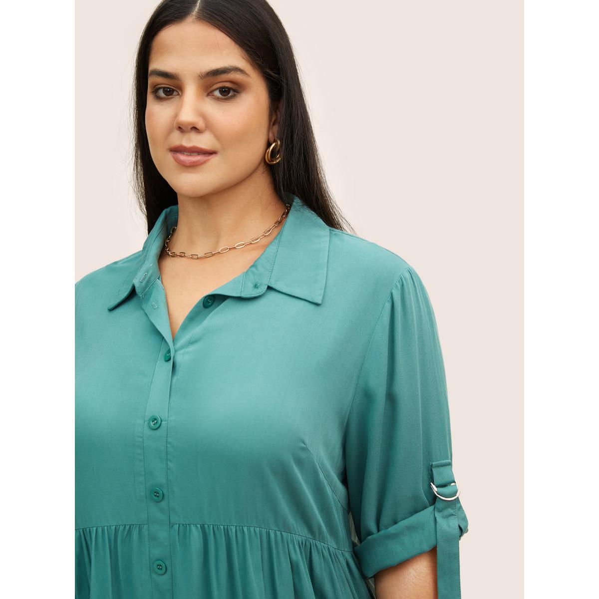 Plus Size Emerald Rayon Shirt Collar Button Cuff Sleeve Blouse Women Work From Home Elbow-length sleeve Shirt collar Work Blouses BloomChic 12/L Product Image