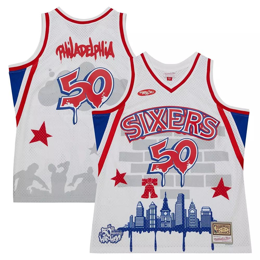 Men's Mitchell & Ness x Tats Cru White Philadelphia 76ers Hardwood Classics Fashion Jersey,  Product Image