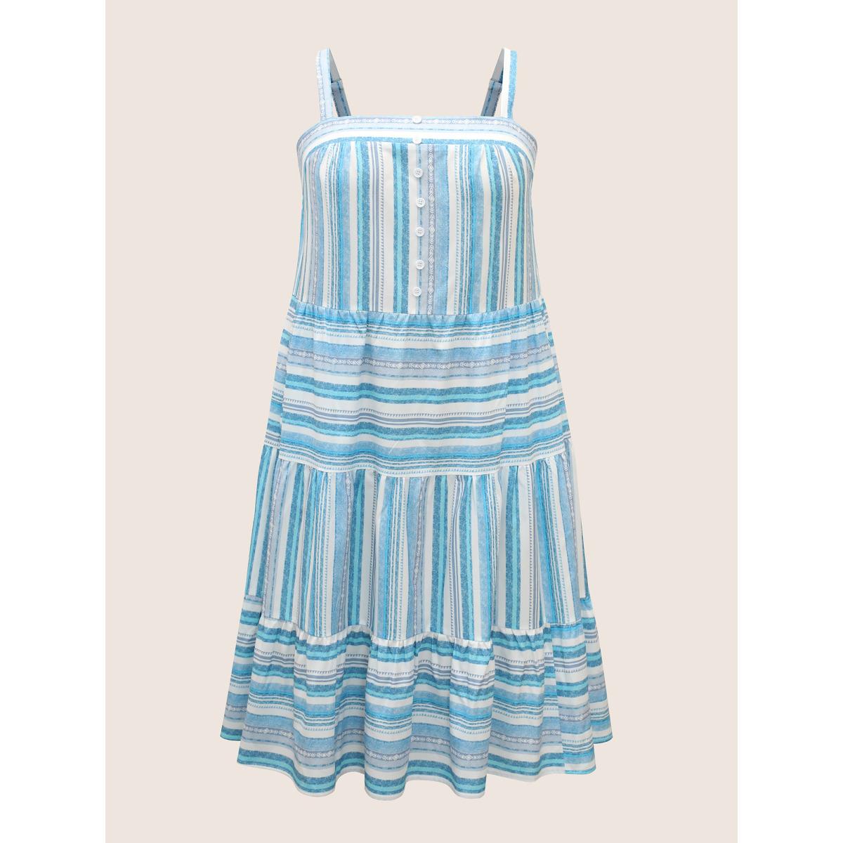 Plus Size Striped Button Detail Ruffle Layered Hem Dress Cerulean Women Resort Gathered Square Neck Sleeveless Curvy BloomChic 30/6X Product Image