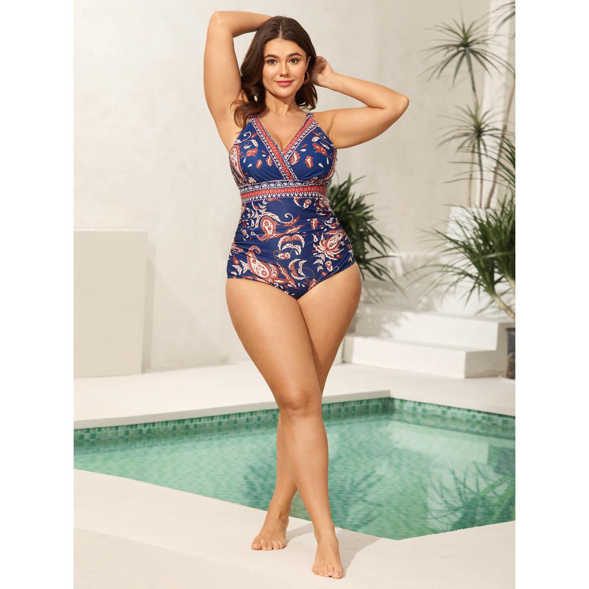 Plus Size Paisley Print Surplice One-Piece Swimsuit Women's Swimwear Indigo Beach Curve Bathing Suits High stretch One Pieces BloomChic 14-16/1X Product Image