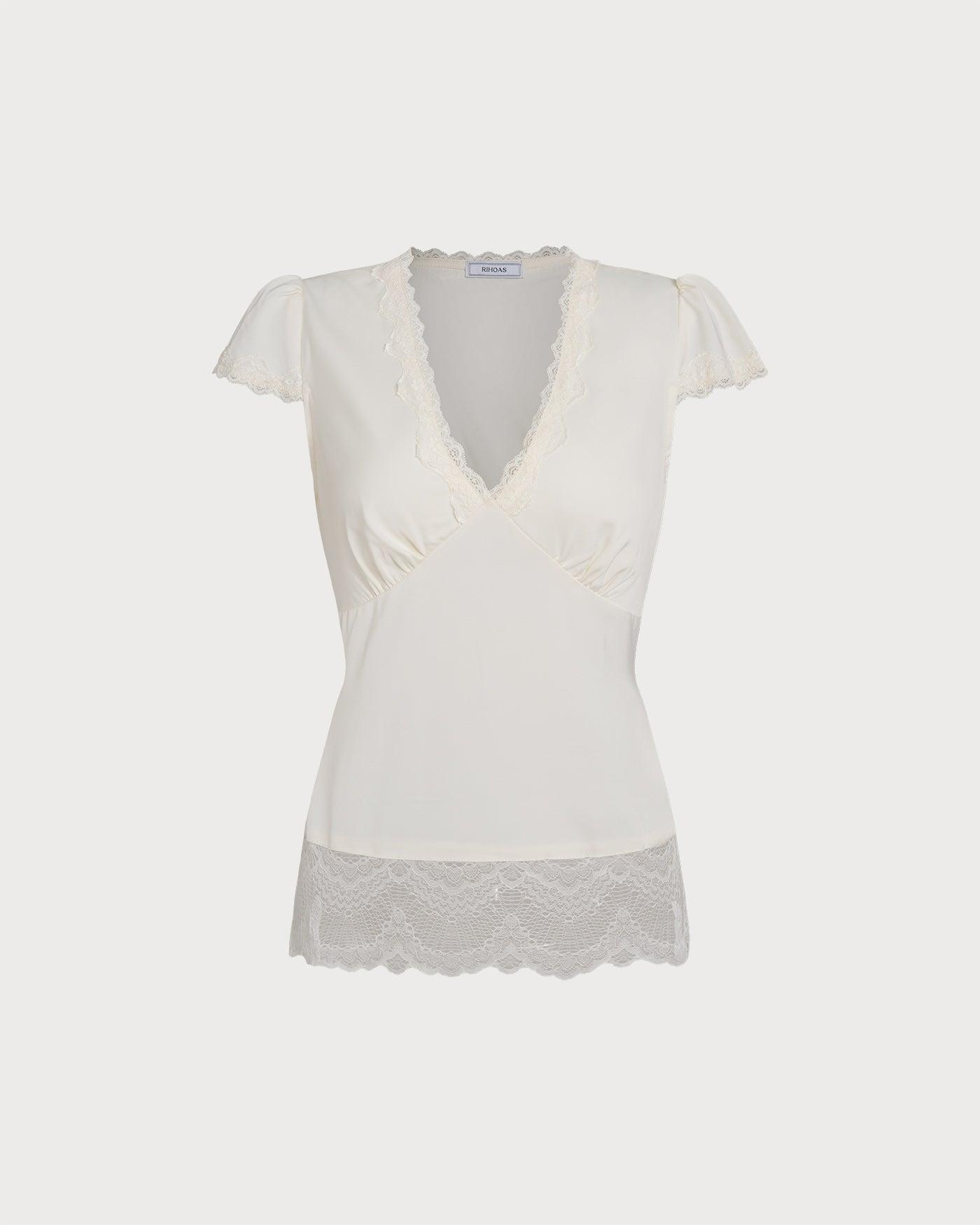 Apricot V Neck Lace Splicing Tee Product Image