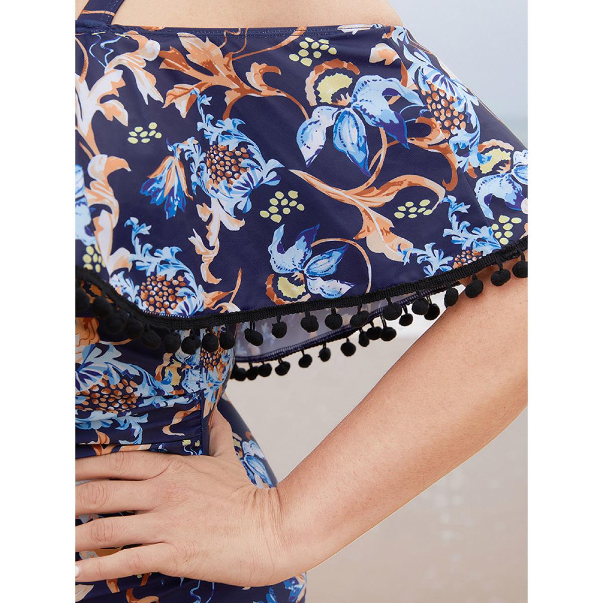 Plus Size Floral Pompom Trim Cold Shoulder One Piece Swimsuit Women's Swimwear Indigo Vacation Adjustable Straps Curve Bathing Suits High stretch One Pieces BloomChic 30/6X Product Image