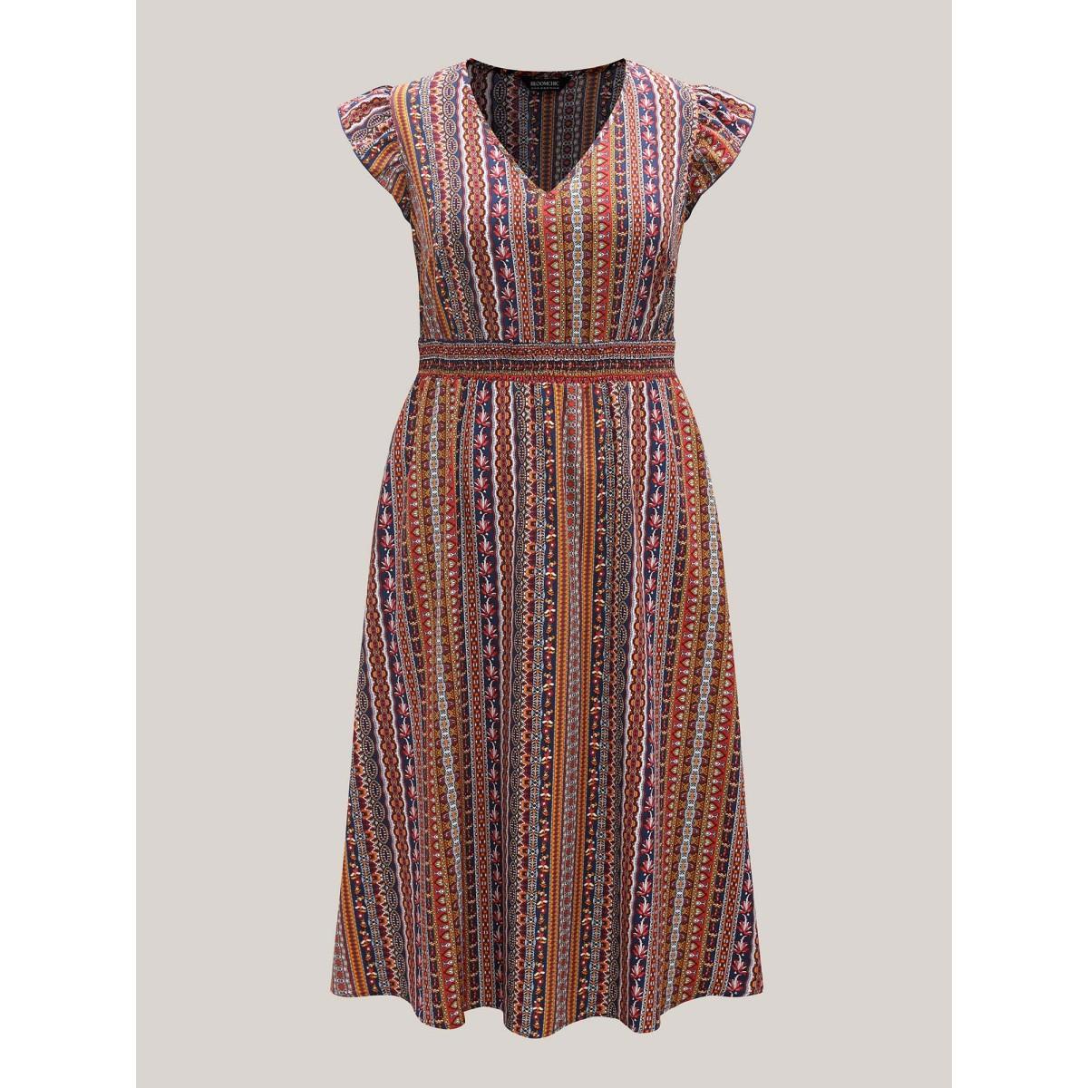 Plus Size Sunny Stripes Pockets Shirred Midi Dress Multicolor Women Boho V-neck Cap Sleeve Curvy BloomChic 18-20/2X Product Image