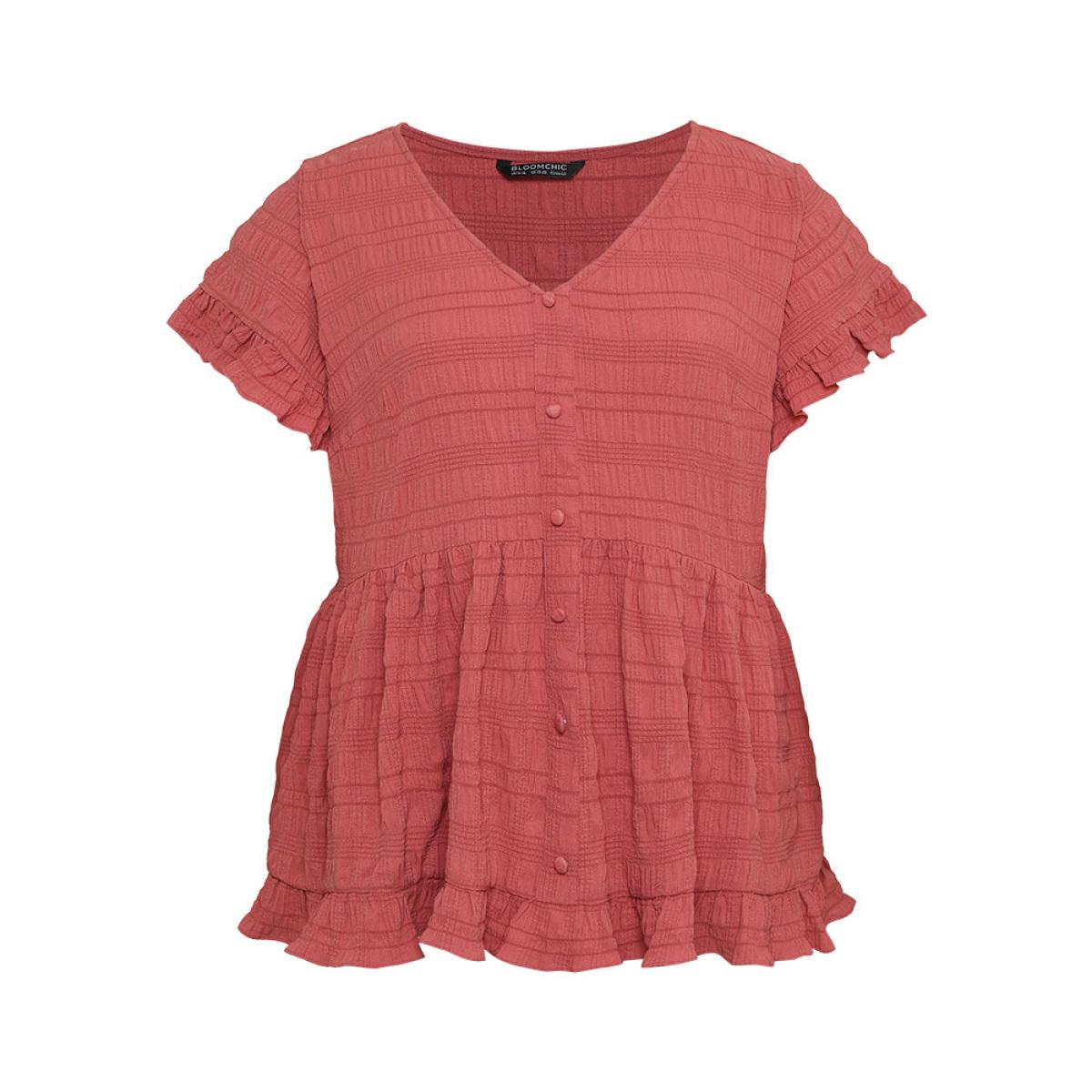 Plus Size Coral Plain Textured Button Detail Ruffle Sleeve Blouse Women Elegant Short sleeve V-neck Dailywear Blouses BloomChic 18-20/2X Product Image