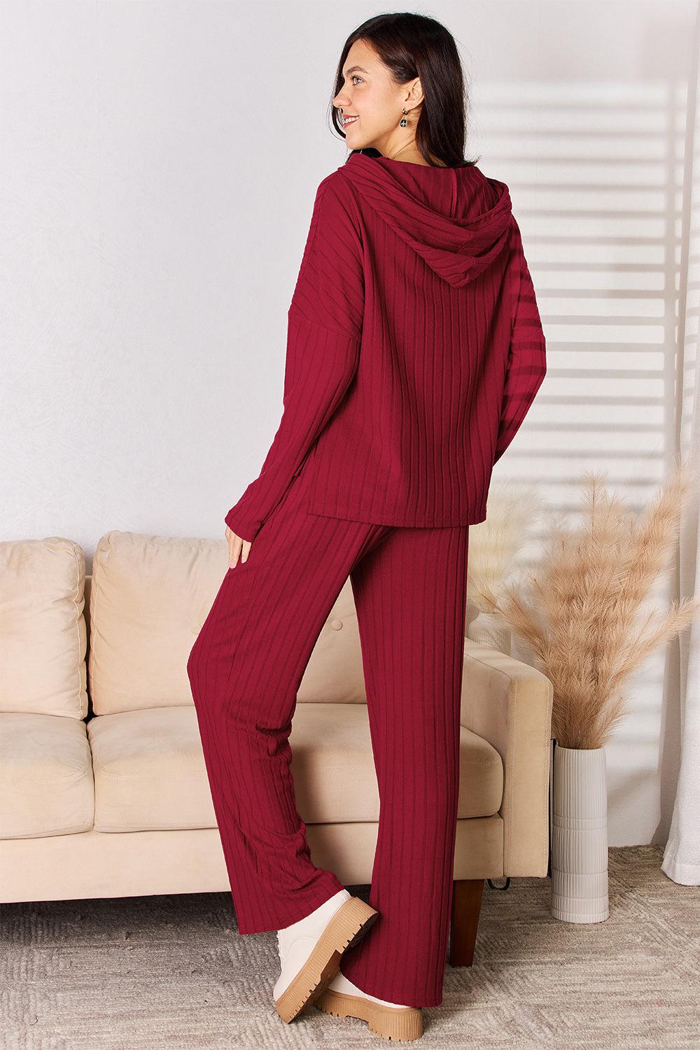 Basic Bae Full Size Ribbed Drawstring Hooded Top and Straight Pants Set Product Image