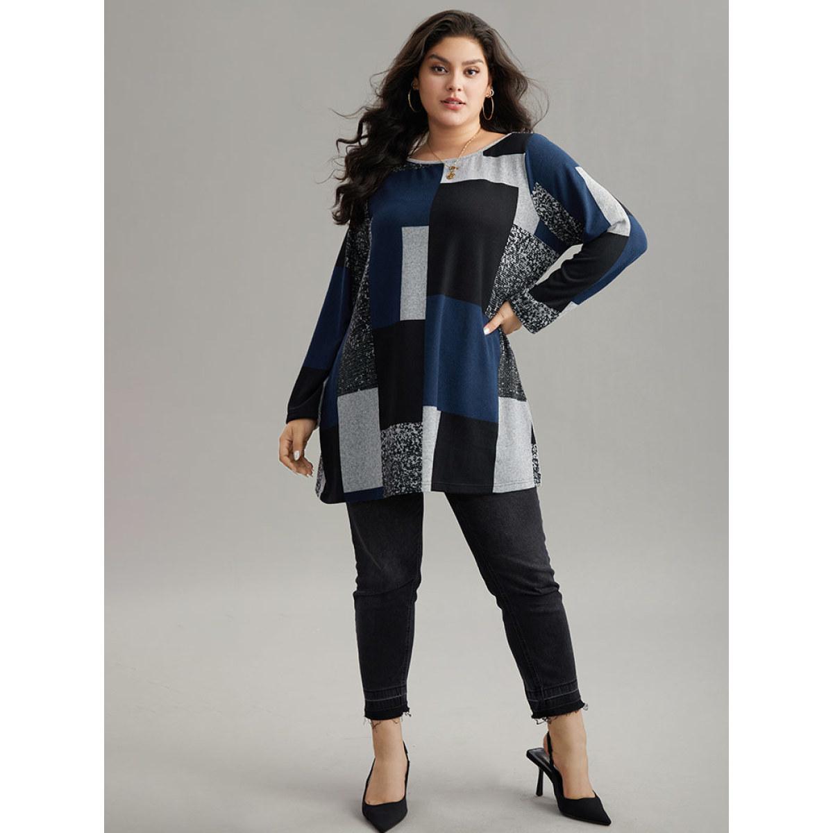 Plus Size Colorblock Contrast Round Neck T-shirt Indigo Women Leisure Contrast Colorblock Boat Neck Casual T-shirts BloomChic 12/L Product Image