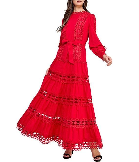 Layered With Love Woven Cotton Crew Neck Blouson Sleeves Belted Crochet Trim A-Line Maxi Dress Product Image