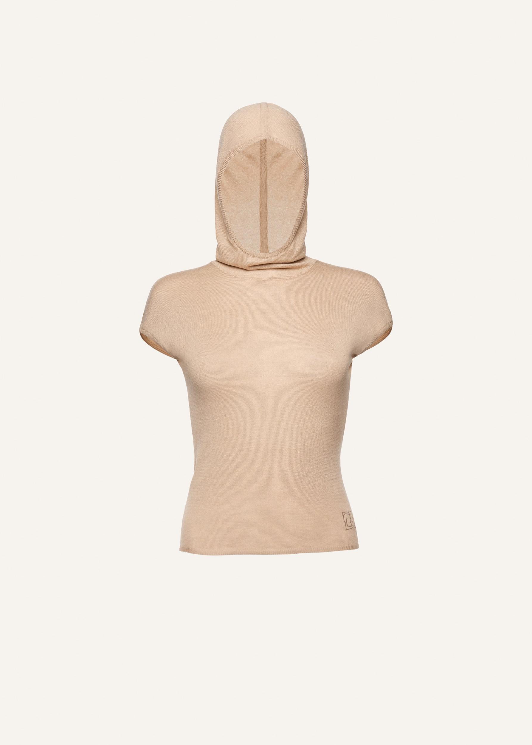 Hooded silk knitwear top in beige Product Image