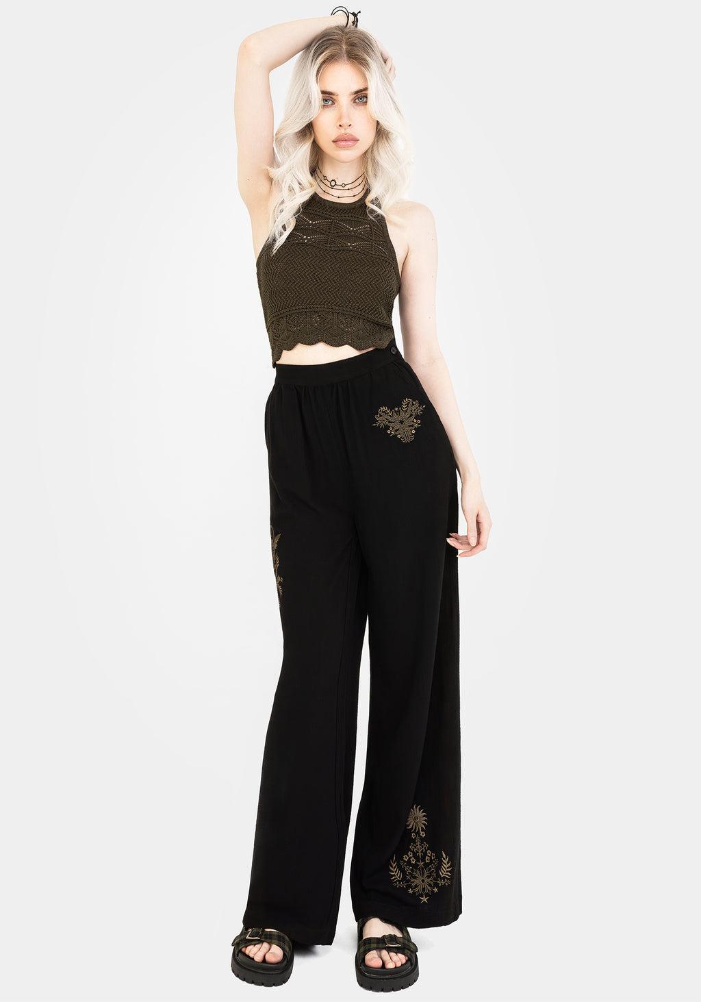 Foliate Linen-Blend Embroidered Wide Leg Trousers - Black Product Image
