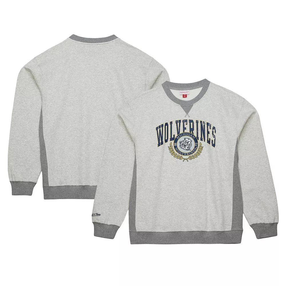 Men's Mitchell & Ness Heather Gray Michigan Wolverines Arched Fleece Crewneck Pullover Sweatshirt,  Product Image