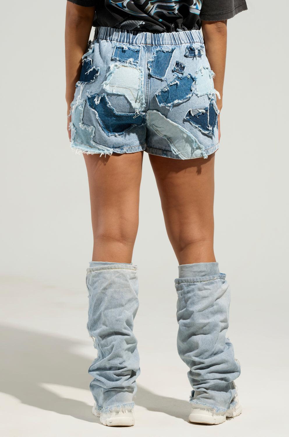 BAD IDEA DENIM PATCHWORK SHORTS Product Image