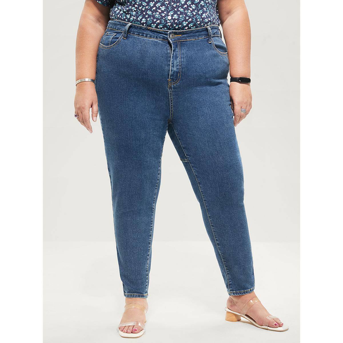 Plus Size Skinny Very Stretchy Mid Rise Medium Wash Patchwork Jeans Women Blue Casual Plain Patchwork High stretch Pocket Jeans BloomChic 16/1X Product Image