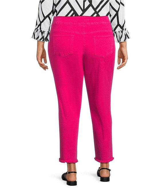 Multiples Plus Size Solid Garment Dyed Functional Pockets Straight Leg Fringe Hem Pull-On Ankle Pants Product Image