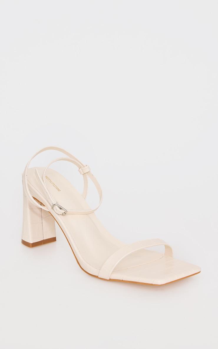 Cream Croc Pu Square Toe Barely There Block High Heeled Sandals Product Image