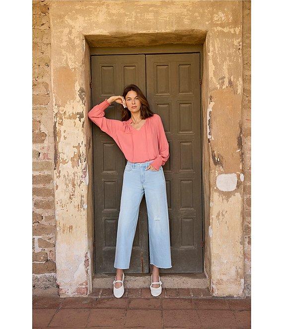 NYDJ Gemma Split V-Neck Smocked Long Sleeve Curved Hem Blouse Product Image