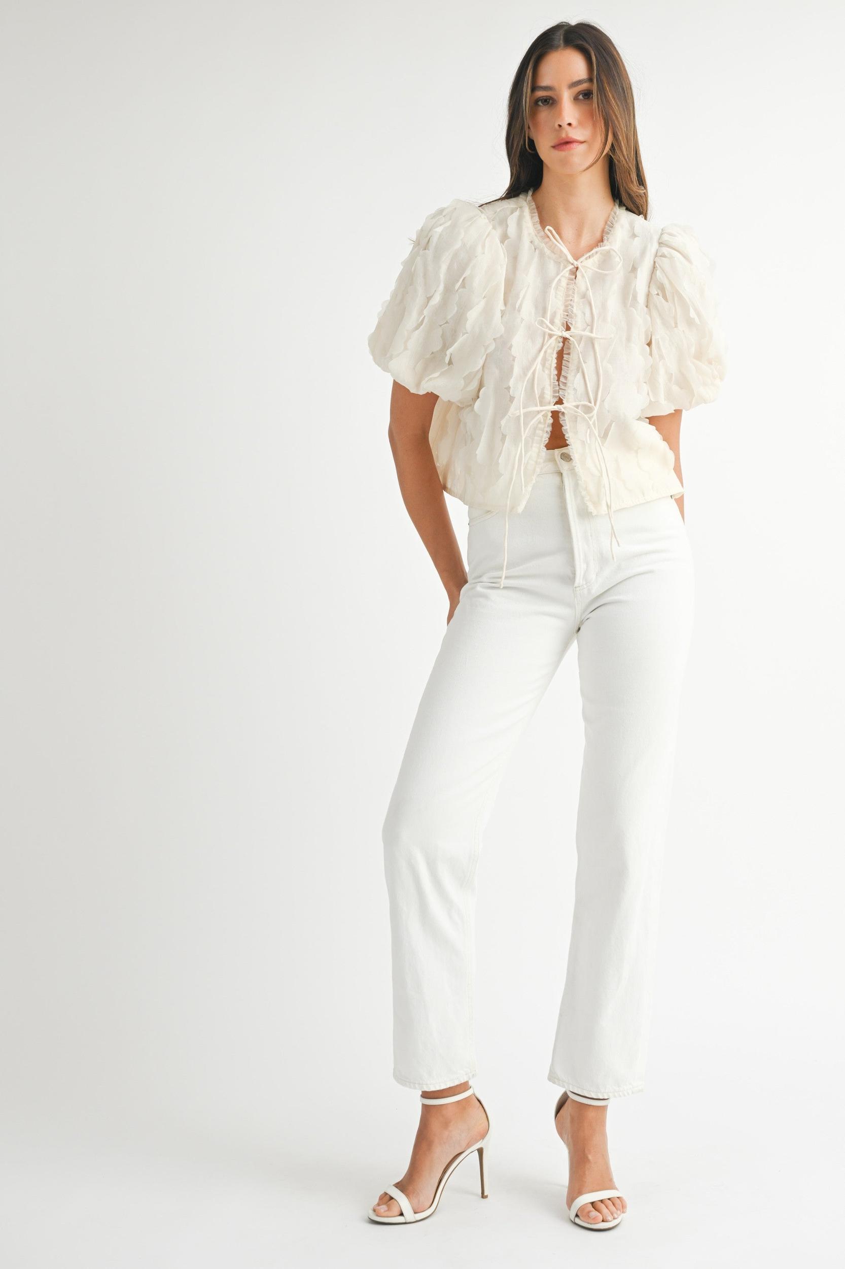 Textured Scallop Puff Sleeve Blouse Top Product Image