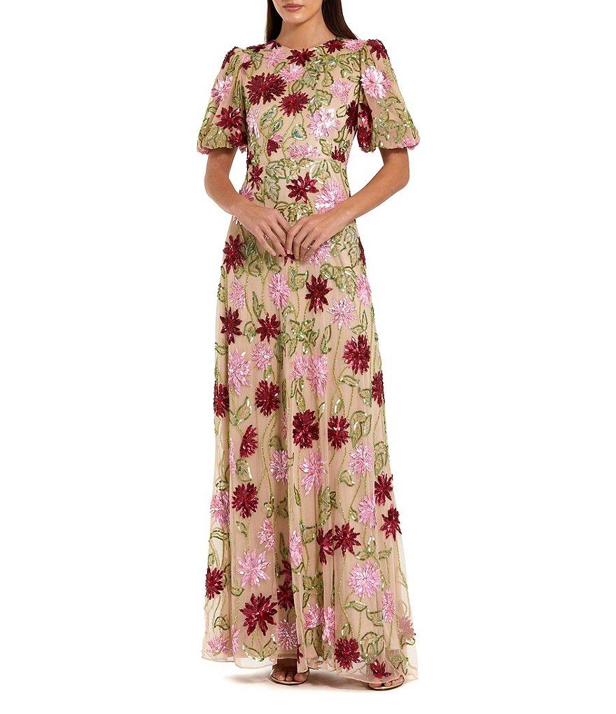 Mac Duggal Embellished Beaded Mesh Floral Crew Neck Short Sleeve Gown Product Image