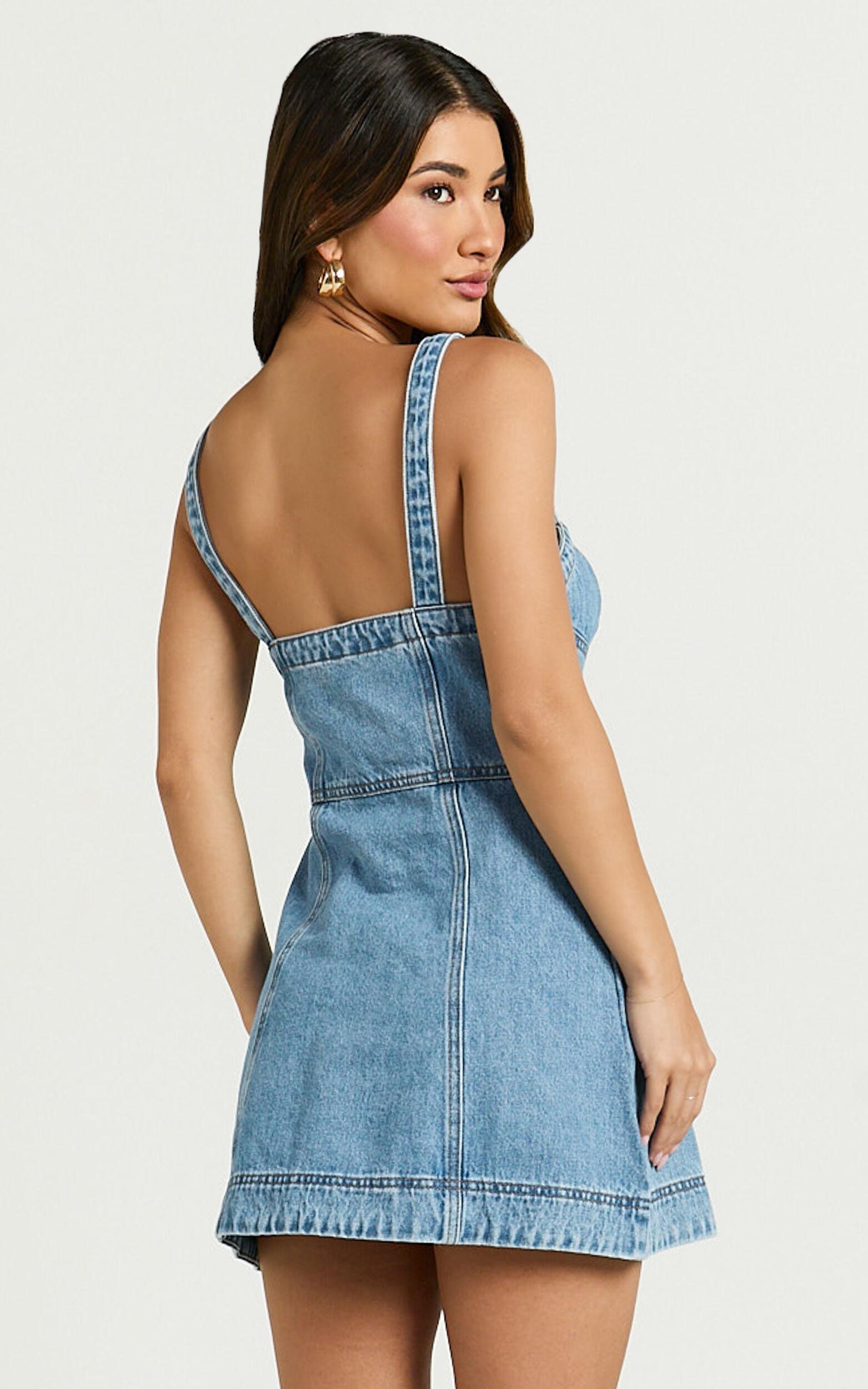 Alena Mini Dress - Sweetheart Button Down Sleeveless Bodycon Denim Dress in Mid Blue Wash Product Image