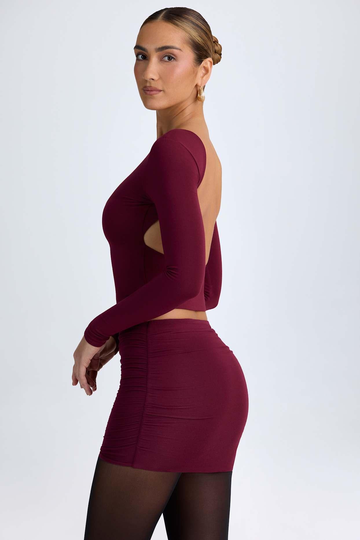 Modal Ruched Mid-Rise Mini Skirt in Wine Red Product Image