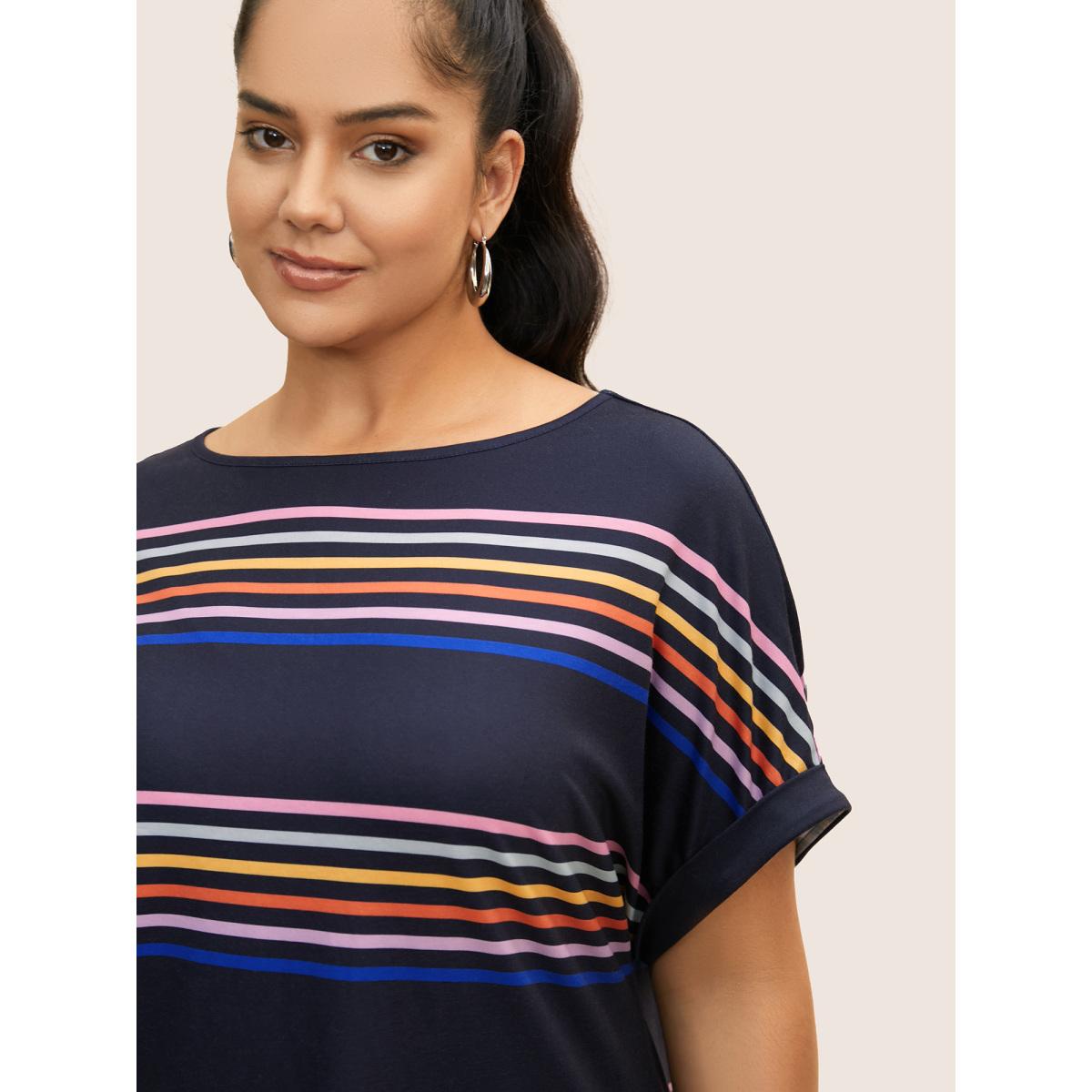Plus Size Colored Striped Boat Neck Batwing Sleeve T-shirt Indigo Women Casual Contrast Boat Neck Everyday T-shirts BloomChic 28/5X Product Image