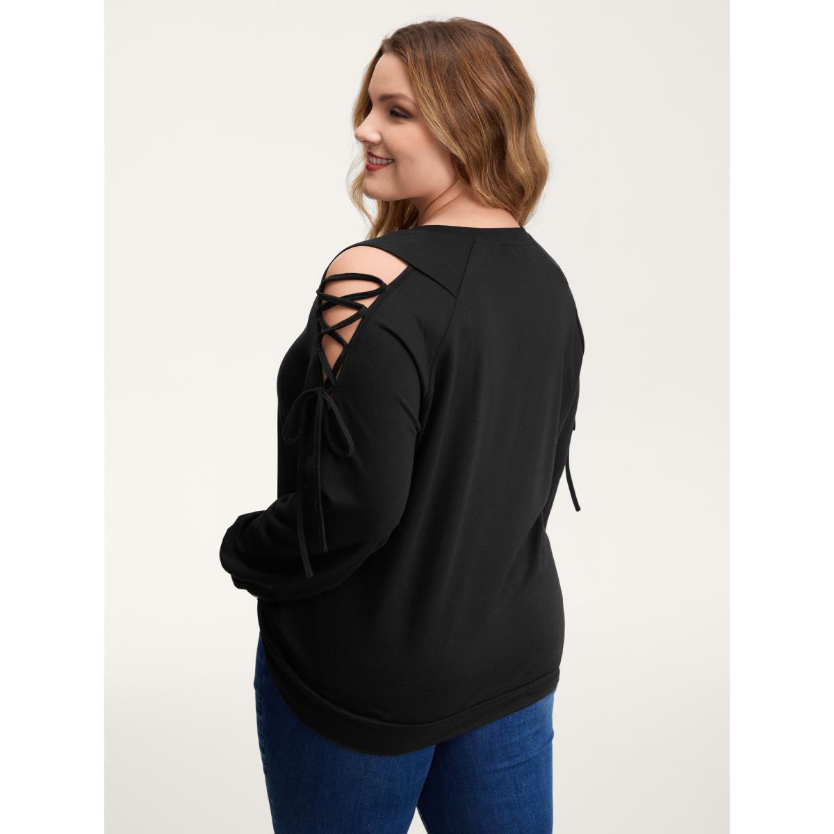 Plus Size Shoulder Crosstie Design V-Neck Sweatshirt Women Black Leisure Cross straps V-neck Casual Sweatshirts BloomChic 30/6X Product Image