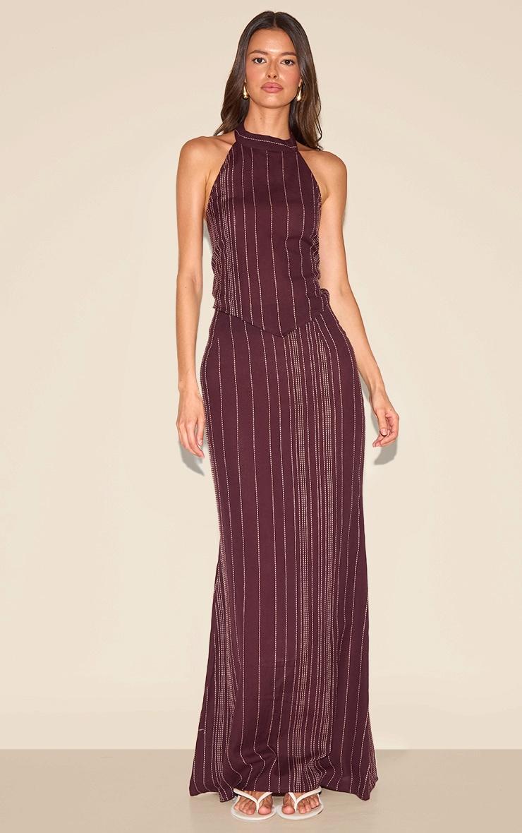  Dark Brown Embroidered Stripe Halterneck Top Product Image