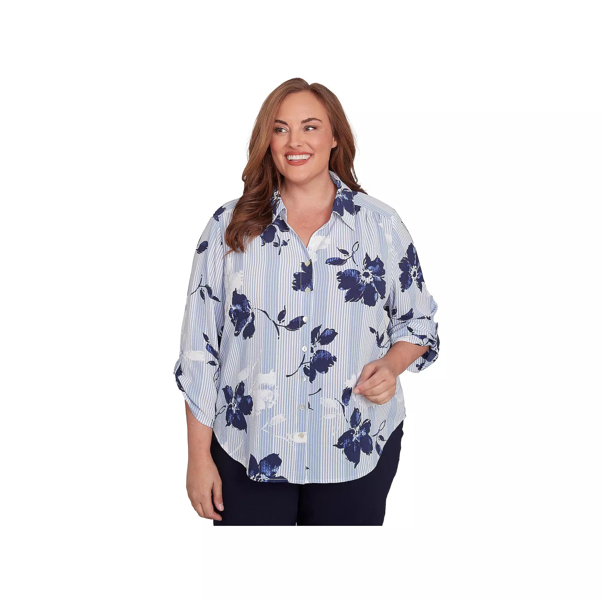 Plus Size Alfred Dunner Striped Flower Button Front Tie Sleeve Blouse, Women's, Size: 3XL, Blue Product Image