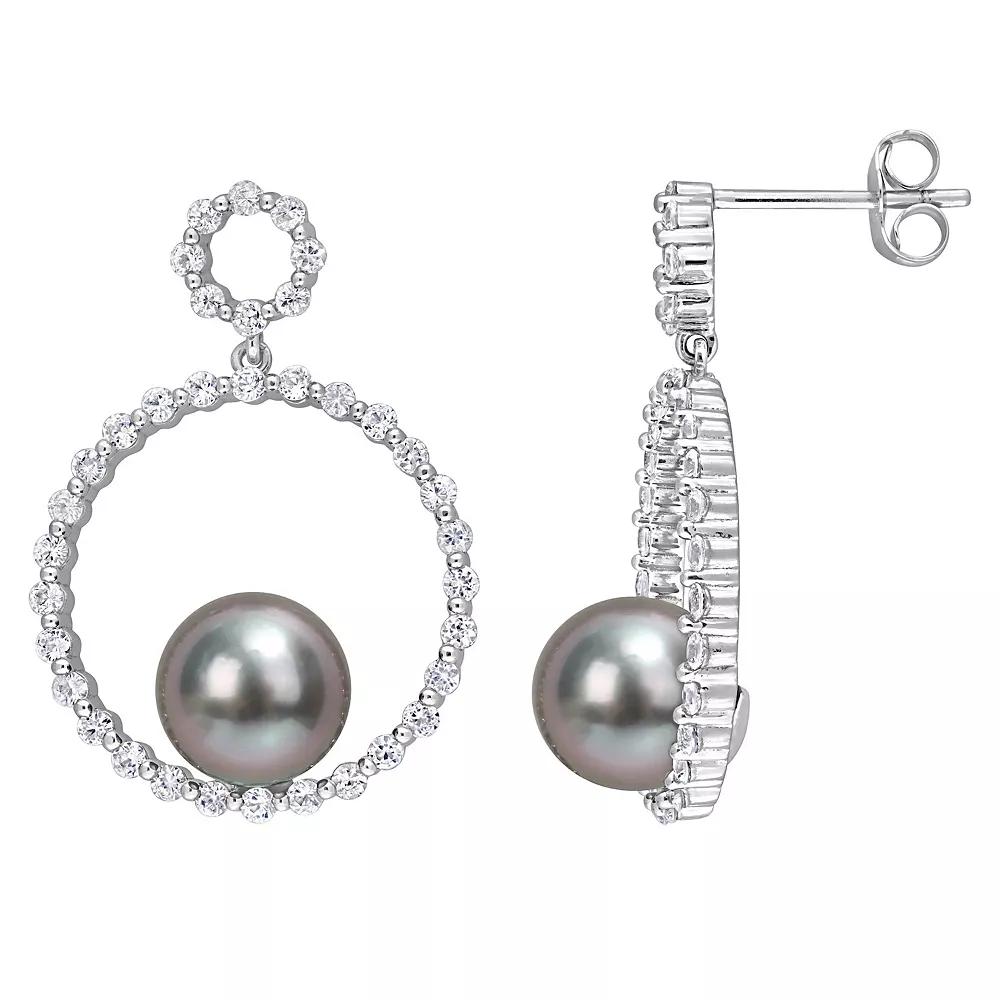 Stella Grace 10k White Gold Tahitian Cultured Pearl & White Sapphire Circle Earrings, Women's Product Image