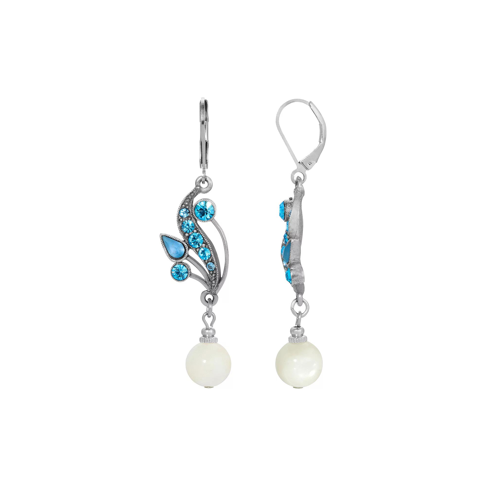 1928 Silver Tone Simulated Mother Of Pearl and Fancy Blue Crystal Drop Earrings, Women's, White Product Image
