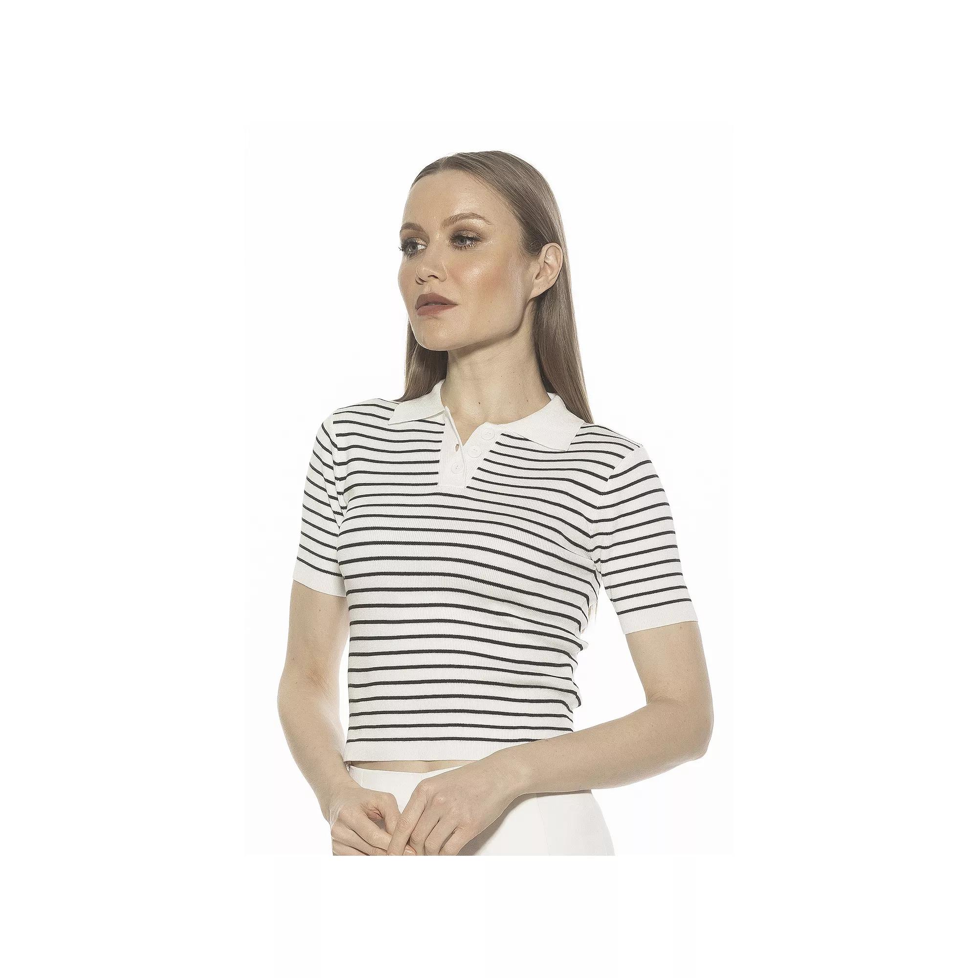Women's ALEXIA ADMOR Elani Short Sleeve Knit Polo Shirt, Size: Small, Black White Product Image
