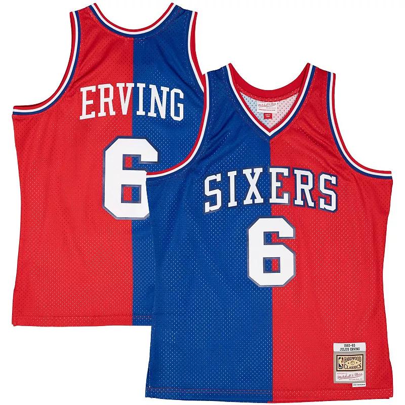 Men's Mitchell & Ness Julius Erving Royal/Red Philadelphia 76ers Hardwood Classics 1982/83 Split Swingman Jersey, Size: Small, 76r Blue Product Image