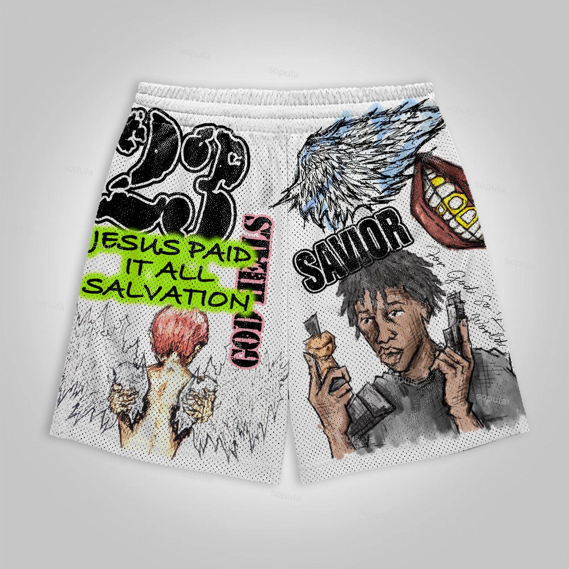 Sopula Graffiti Jesus Retro Graphic Mesh Shorts Product Image