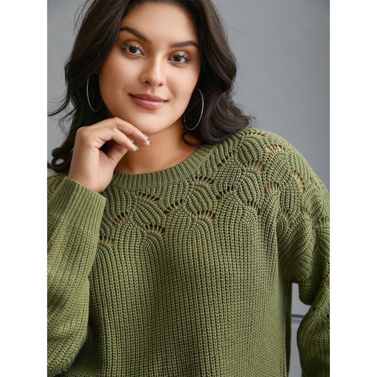 Plus Size Textured Cut-out Balloon Sleeves Pullover Moss Women Casual Loose Long Sleeve Round Neck Everyday Pullovers BloomChic 26/4X Product Image