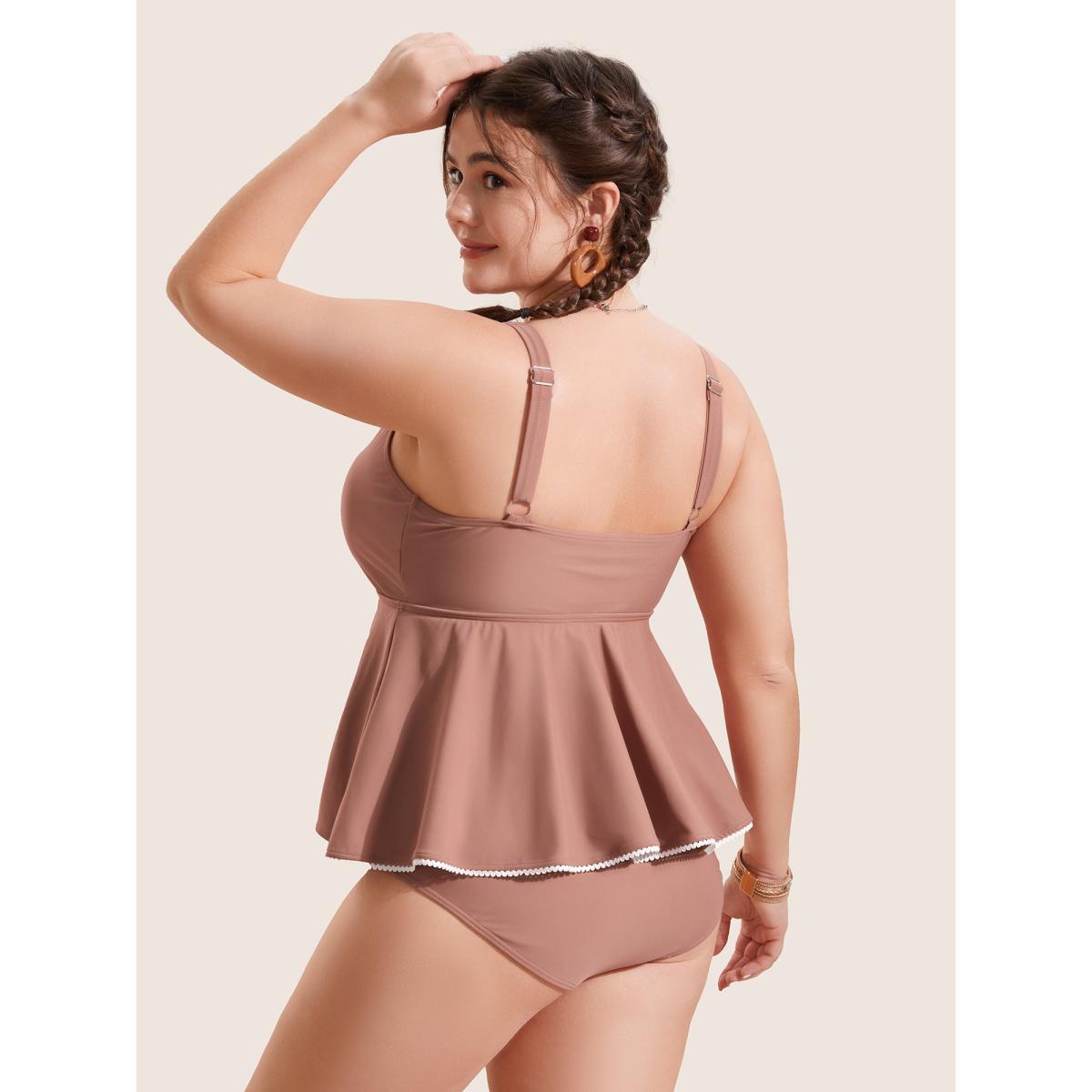 Plus Size Lace Trim Bowknot Front Ruched One Piece Swimsuit Women's Swimwear Rouge Beach Gathered Curve Bathing Suits High stretch One Pieces BloomChic 10/M Product Image