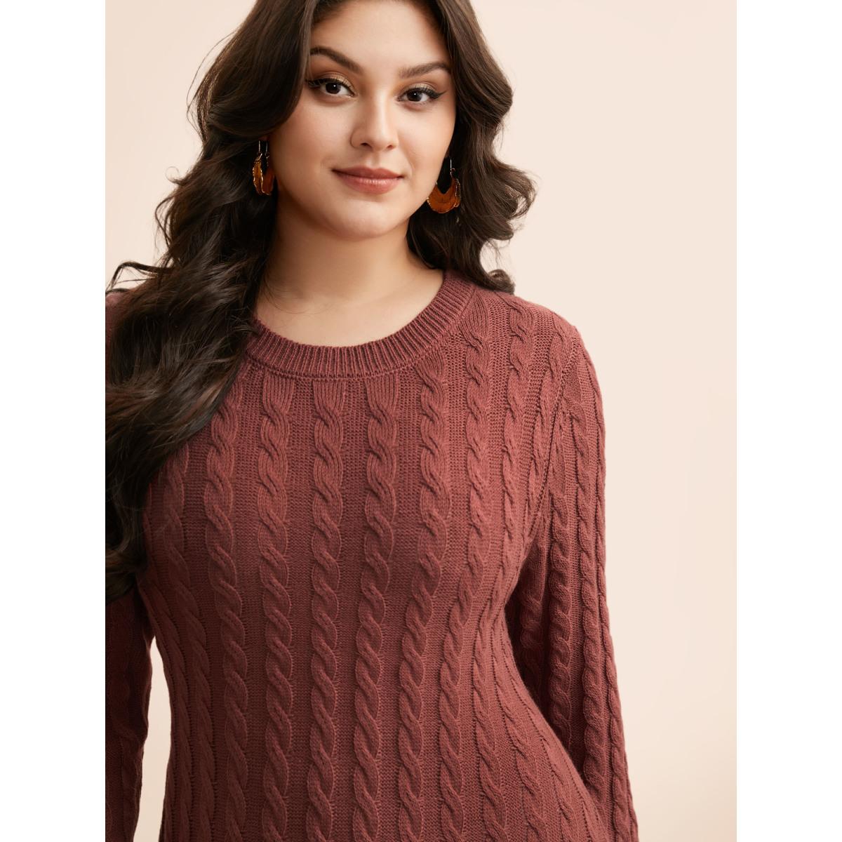 Plus Size Round Neck Cable Knit Ruffle Trim Sweater Dress DustyPink Women Resort Bodycon Long Sleeve Vacation Sweater Dresses BloomChic 10/M Product Image