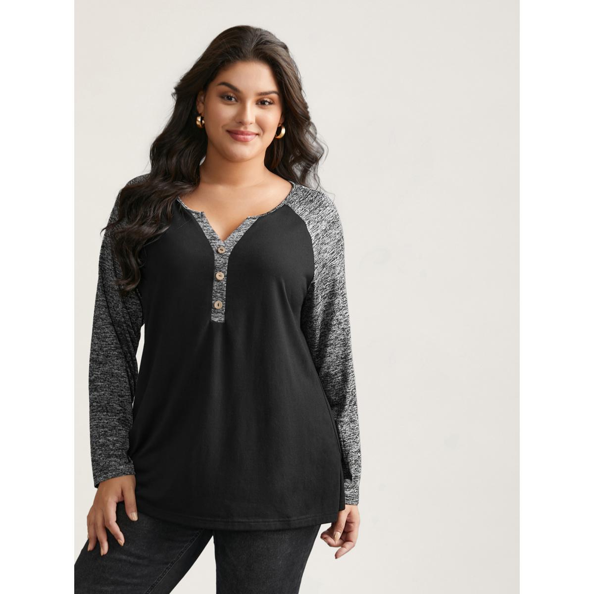 Plus Size Heather Patchwork Button Detail Stretchy T-Shirt Black Women Casual Contrast Flat collar with V-notch Everyday T-shirts BloomChic 22-24/3X Product Image