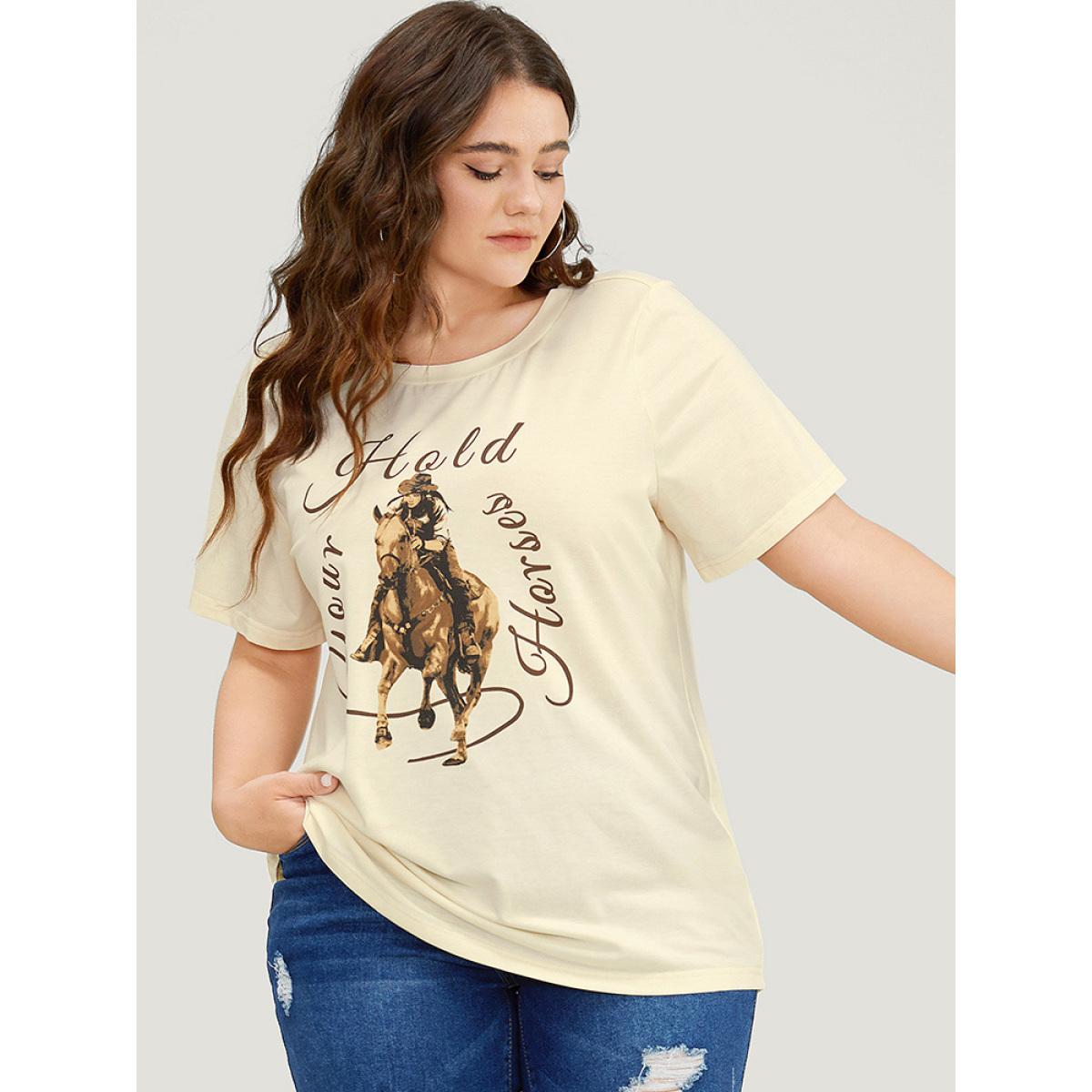 Plus Size Horse & Letter Print Round Neck Graphic Tee Apricot Women Casual Western Dailywear T-shirts BloomChic 18-20/2X Product Image