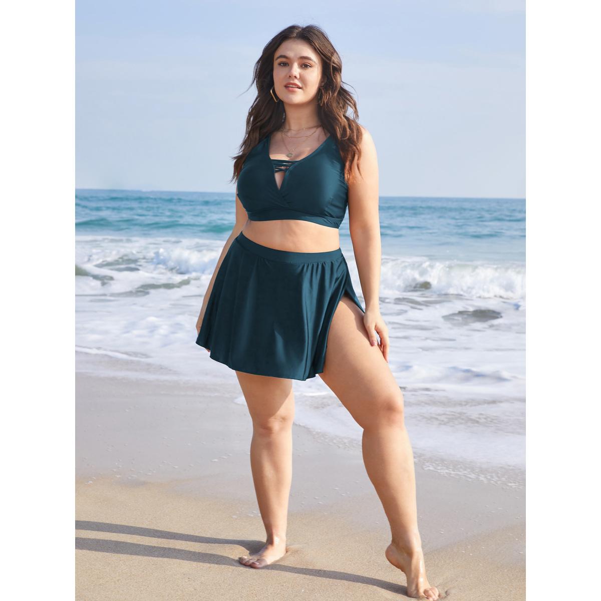 Plus Size Plain High Waist Split Hem Swim Skirt Women's Swimwear Cyan Beach Non High stretch Bodycon High Rise Curve Swim Bottoms BloomChic 26/4X Product Image