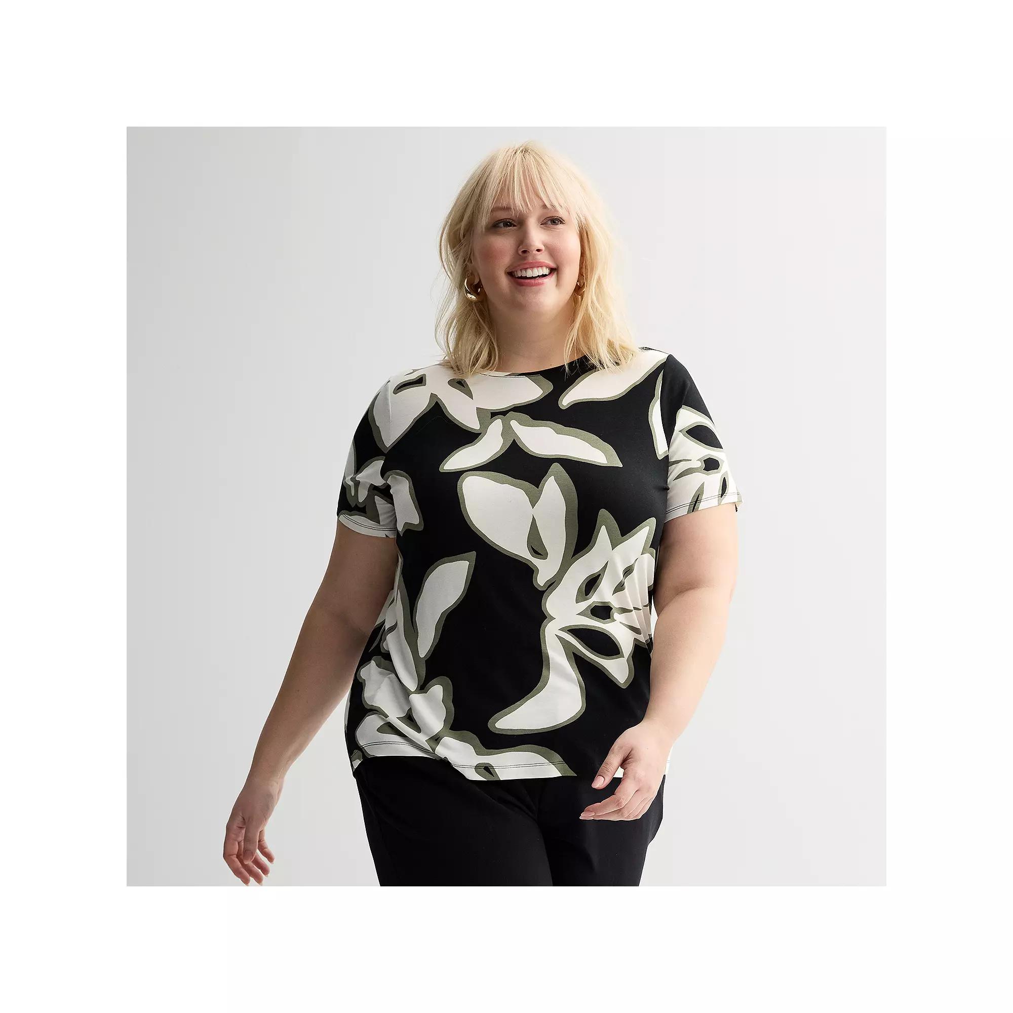 Plus Size Nine West Essential Crewneck Tee, Women's, Size: 0X, Black Safari Leaves Product Image