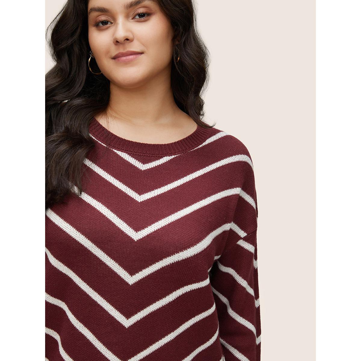 Plus Size Striped Drop Shoulder Loose Knit Pullover Burgundy Women Casual Loose Long Sleeve Round Neck Dailywear Pullovers BloomChic 12/L Product Image