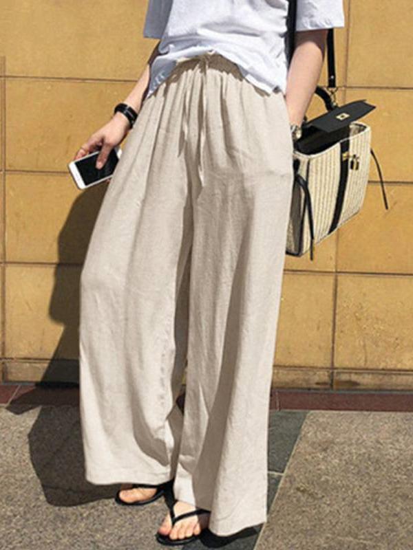 High Waisted Loose Drawstring Pockets Solid Color Pants Trousers Product Image