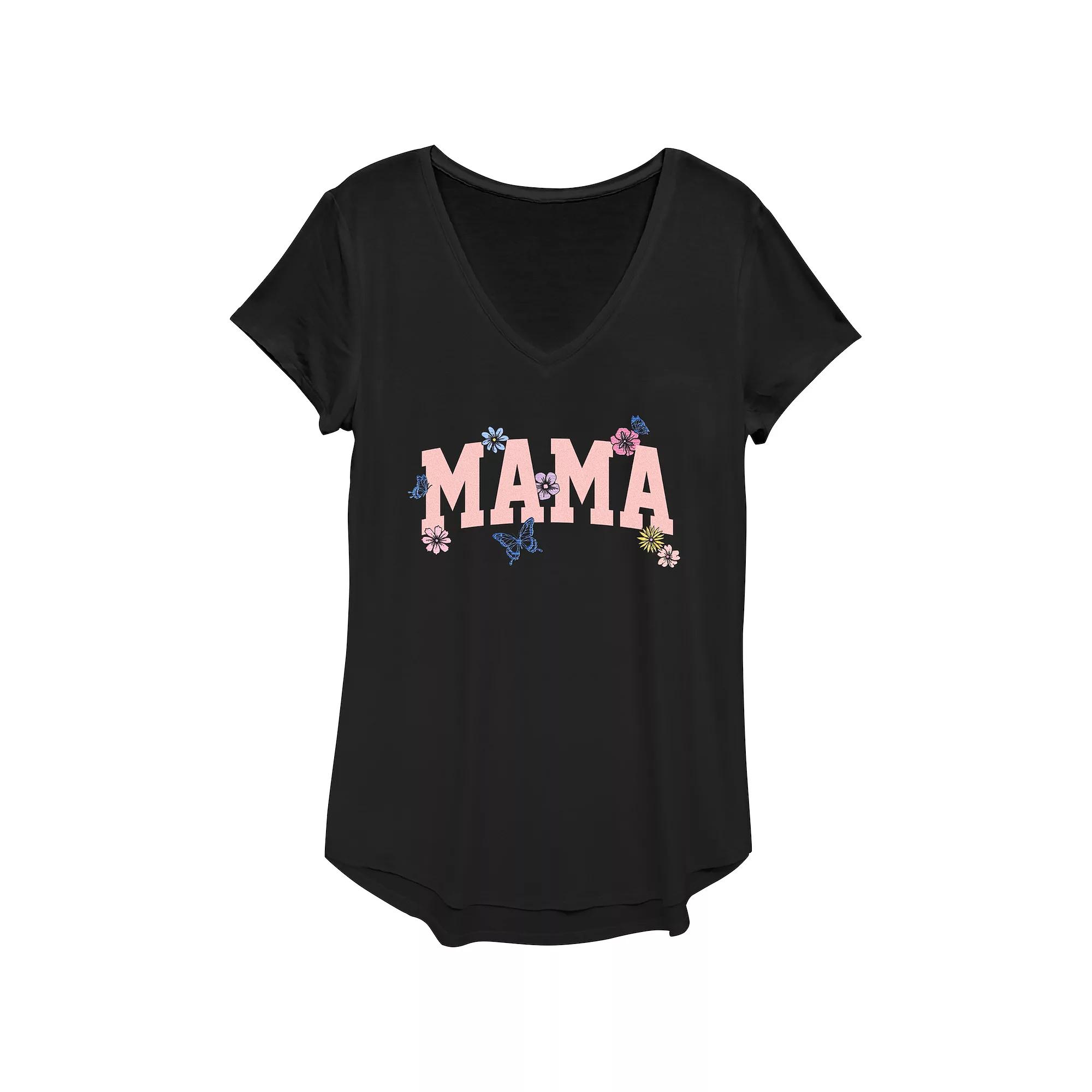 Women's Mama Flowers V-Neck Graphic Tee, Size: XS, Black Product Image
